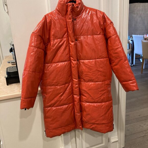 Lita by Ciara Patent Leather Puffer Coat Limited Edition Orange Fiesta Sz Small - Picture 3 of 15